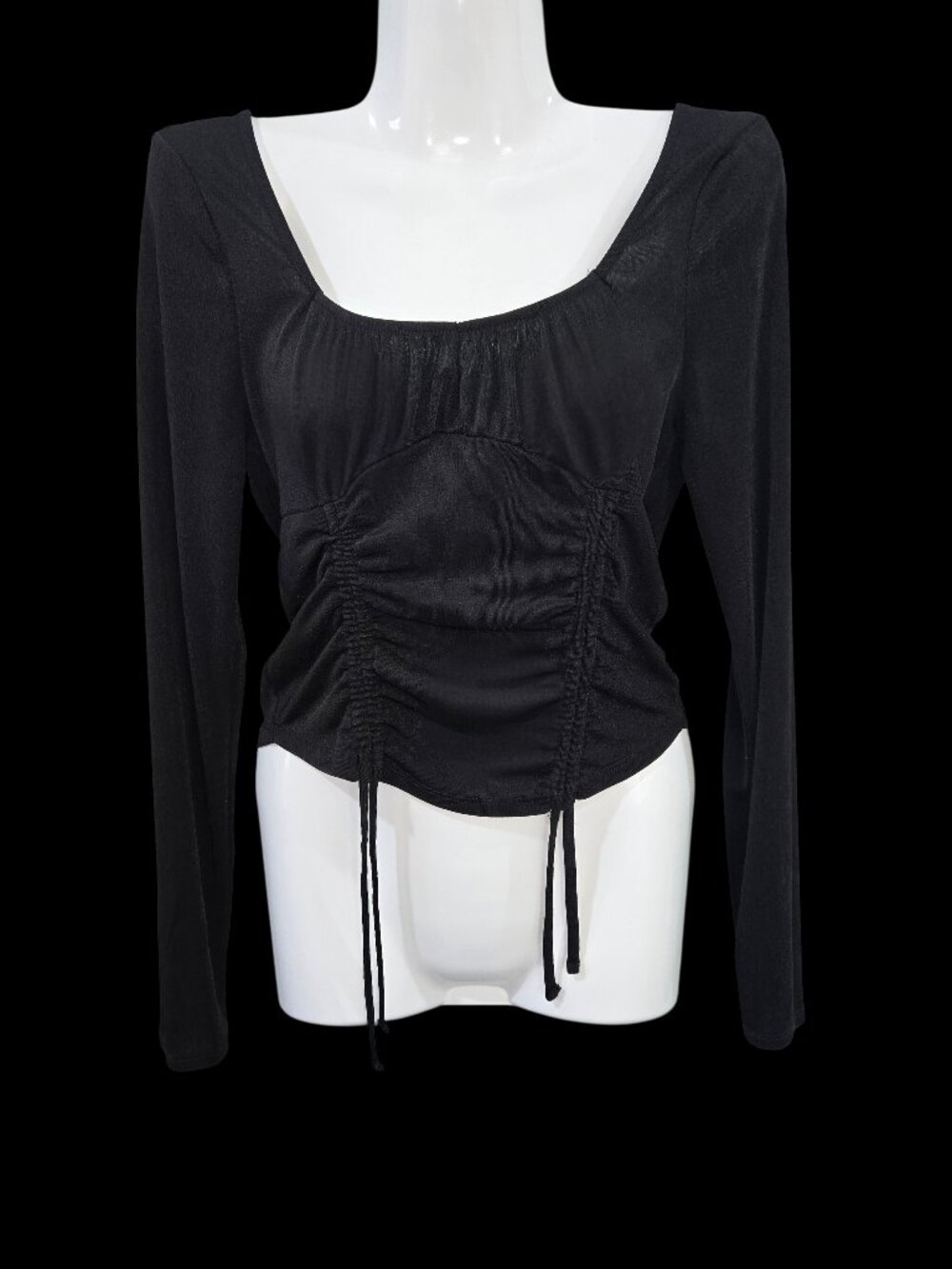 Almost Famous Black Ruched Long Sleeve Crop Top Size M